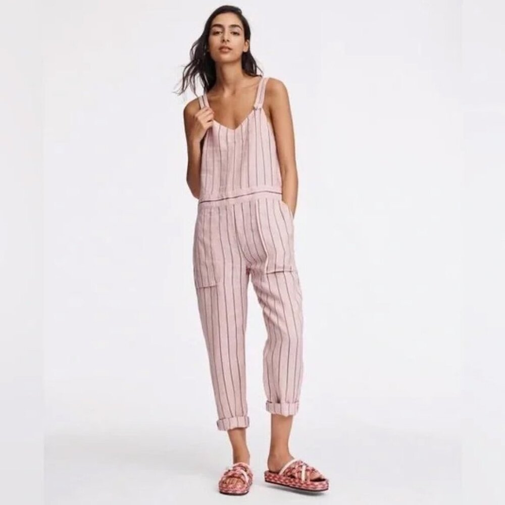 Rag&Bone Nina Jumpsuit Overalls Pink Stripe Linen Pockets Raw Hem 4